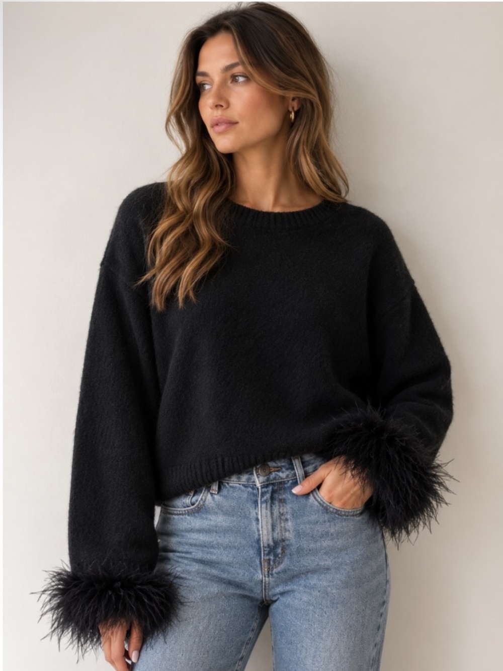 $120 WAYF Pia Feather Trim Pullover Sweater